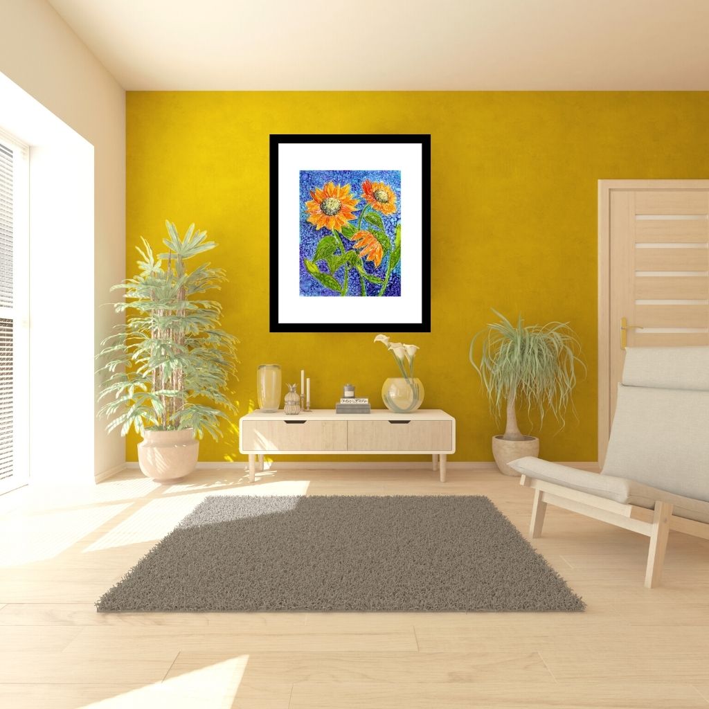 Orange Sunflowers Print in a large wall size on a yellow wall