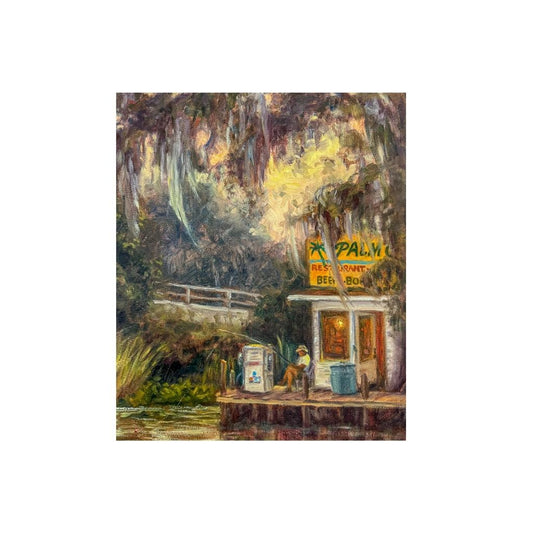 print of an acrylic painting of the palm garden restauant on a pier with a man fishing