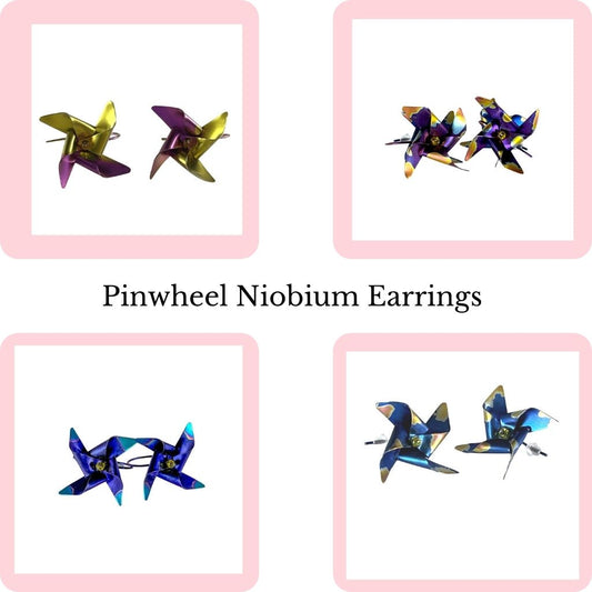 Pinwheel Anodized Niobium Earrings in pink/yellow, blue/purple, Purple/yellow and dark blue/yellow