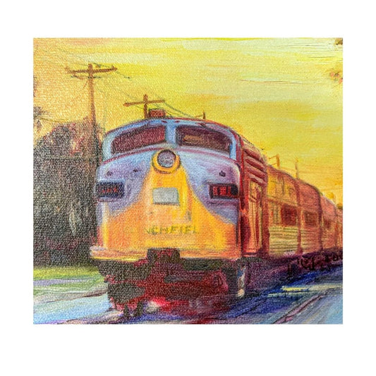 Painting of an old train at sunset.  Sky is yellow, train is blue and yellow with red on the cars.  