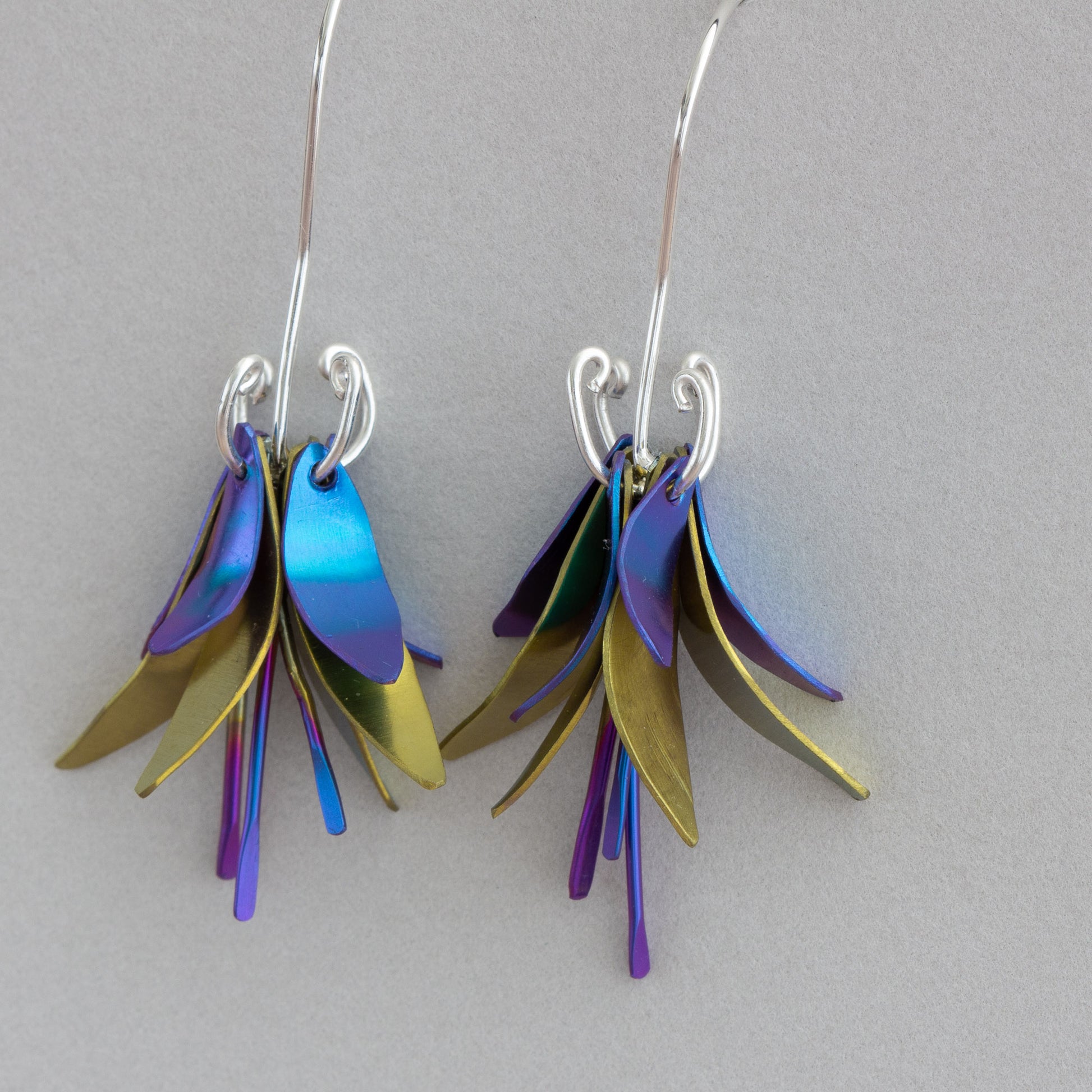 blue and yellow anodized niobium fuchsia earrings