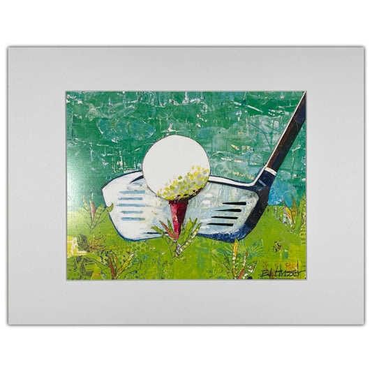 golf art, golf ball, putter, putting green, paper collage, collage art