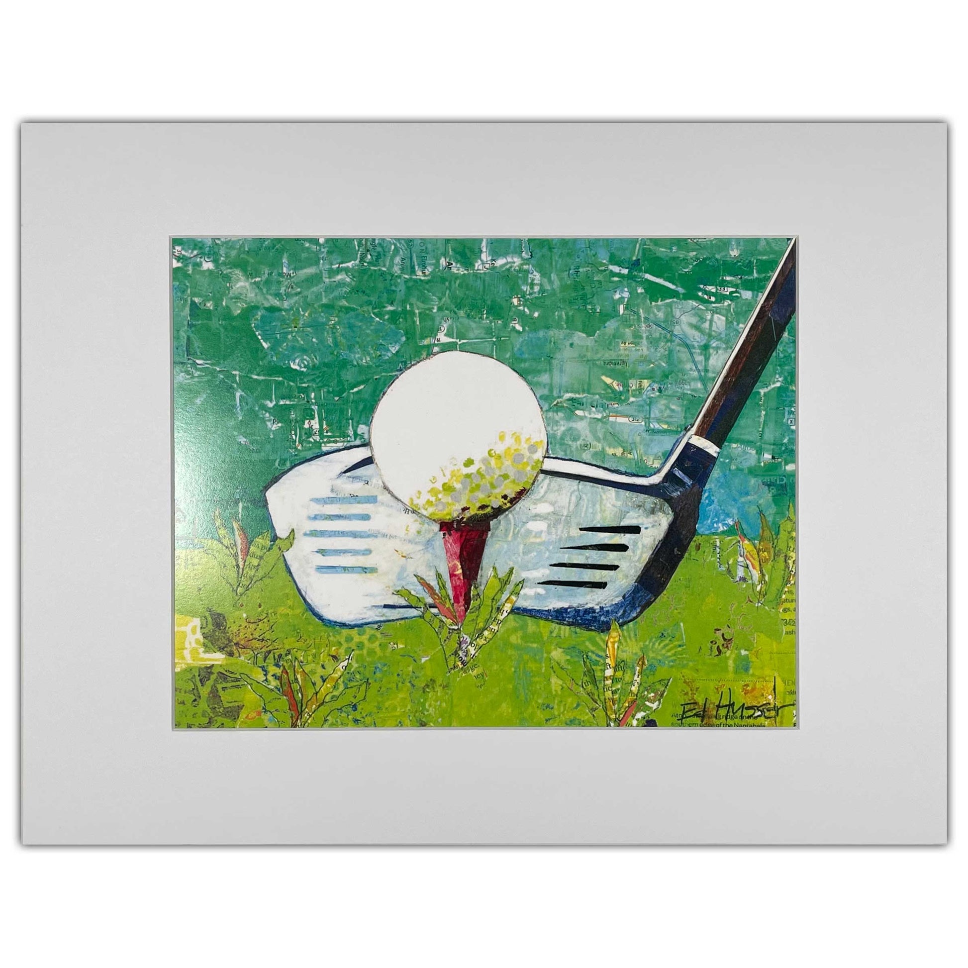 golf art, golf ball, putter, putting green, paper collage, collage art