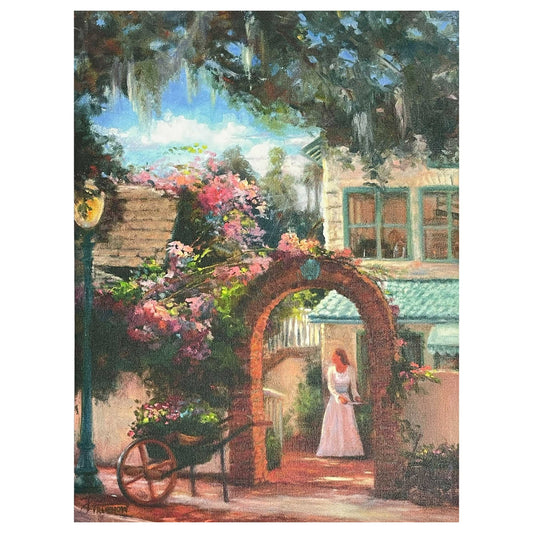 embellished giclee canvas, landscape scene, garden scene, floral art, Florida landscape