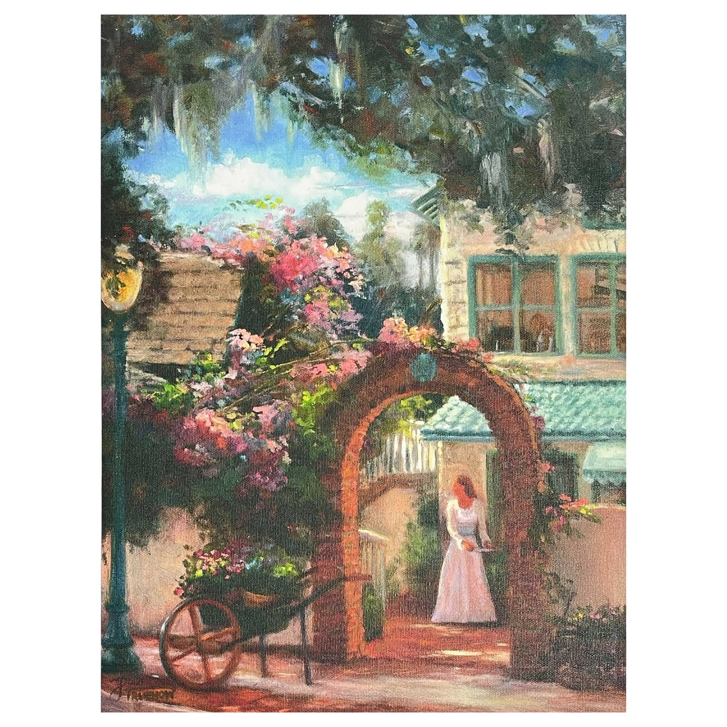 embellished giclee canvas, landscape scene, garden scene, floral art, Florida landscape