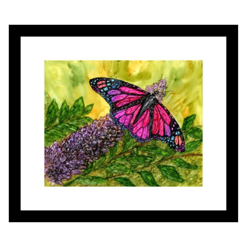 tropical butterfly art print with white mat and black frame