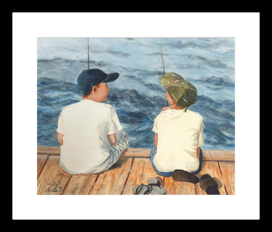 Two boys fishing off a pier print 