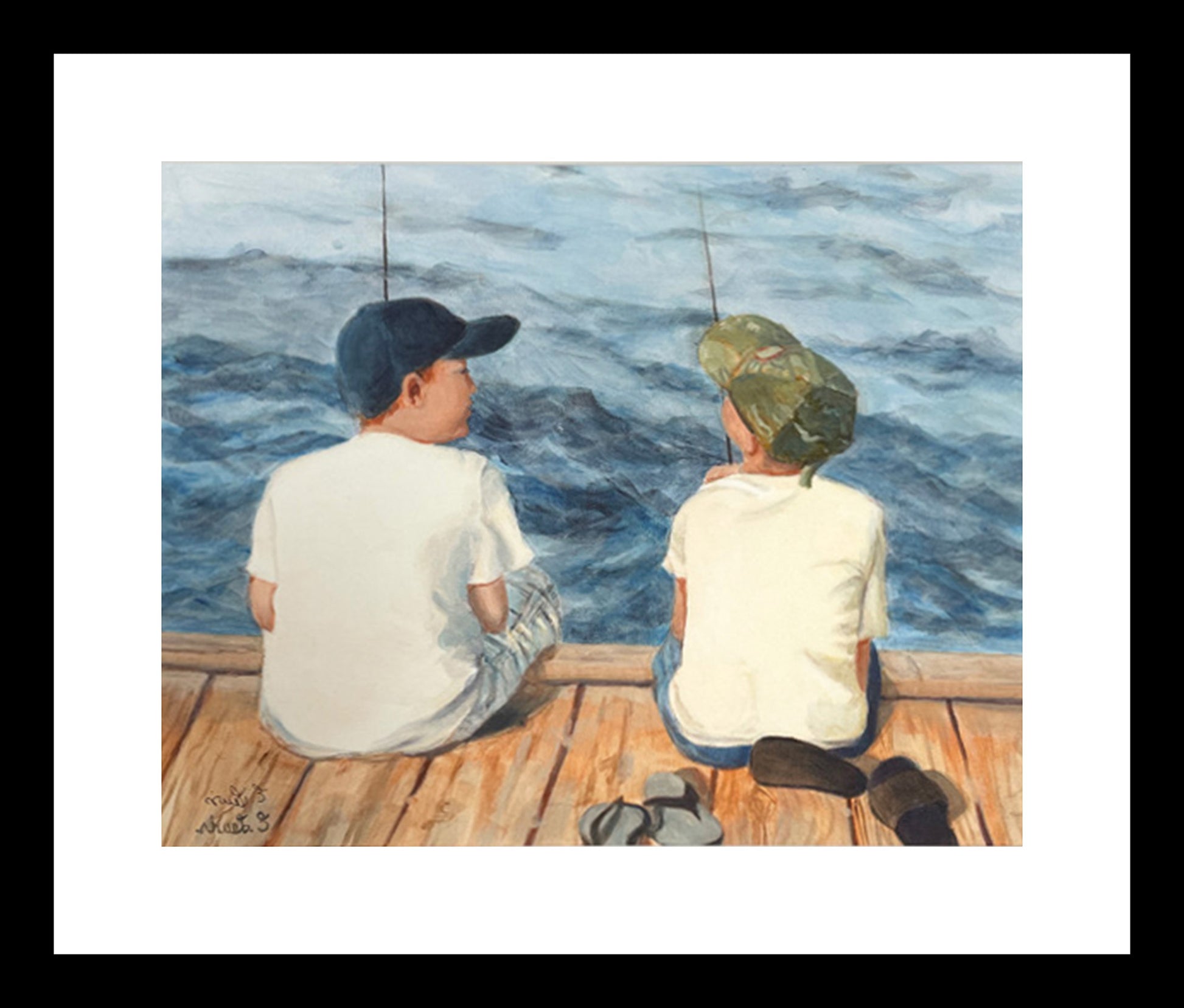 Two boys fishing off a pier print 