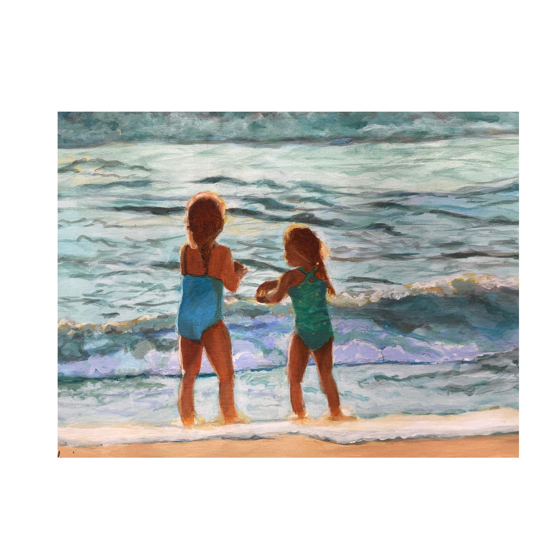two girls at the beach print in a white mat