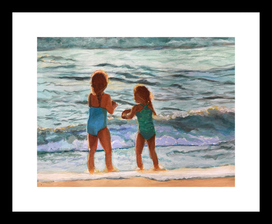 two girls at the beach print in a black frame
