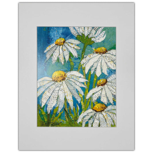 daisies print, white daisies art, collage art, paper art, collage print