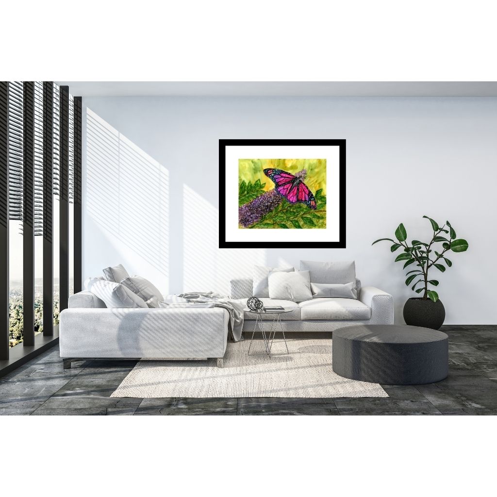tropical butterfly art print, large wall size on white wall of sunny room